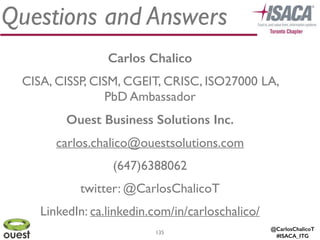 @CarlosChalicoT
#ISACA_ITG
Questions and Answers
135
Carlos Chalico
CISA, CISSP, CISM, CGEIT, CRISC, ISO27000 LA,
PbD Ambassador	

Ouest Business Solutions Inc.
carlos.chalico@ouestsolutions.com	

(647)6388062	

twitter: @CarlosChalicoT	

LinkedIn: ca.linkedin.com/in/carloschalico/
 