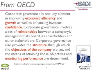 @CarlosChalicoT
#ISACA_ITG
From OECD
15
Corporate governance is one key element
in improving economic efﬁciency and
growth as well as enhancing investor
conﬁdence. Corporate governance involves
a set of relationships between a company’s
management, its board, its shareholders and
other stakeholders. Corporate governance
also provides the structure through which
the objectives of the company are set, and
the means of attaining those objectives and
monitoring performance are determined.
http://www.oecd.org/corporate/ca/corporategovernanceprinciples/31557724.pdf
 