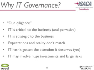 @CarlosChalicoT
#ISACA_ITG
32
Why IT Governance?
• “Due diligence”	

• IT is critical to the business (and pervasive)	

• IT is strategic to the business	

• Expectations and reality don’t match	

• IT hasn’t gotten the attention it deserves (yet)	

• IT may involve huge investments and large risks
 