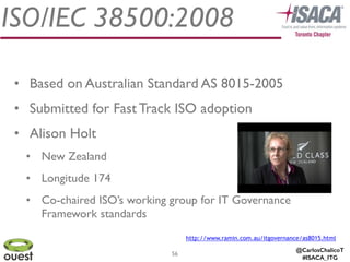 @CarlosChalicoT
#ISACA_ITG
ISO/IEC 38500:2008
56
• Based on Australian Standard AS 8015-2005	

• Submitted for Fast Track ISO adoption	

• Alison Holt	

• New Zealand	

• Longitude 174	

• Co-chaired ISO’s working group for IT Governance
Framework standards
http://www.ramin.com.au/itgovernance/as8015.html
 