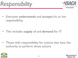 @CarlosChalicoT
#ISACA_ITG
Responsibility
66
• Everyone understands and accepts his or her
responsibility	

!
• This includes supply of and demand for IT	

!
• Those with responsibility for actions also have the
authority to perform those actions
 