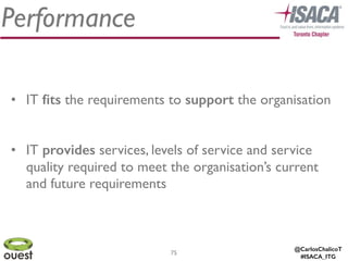@CarlosChalicoT
#ISACA_ITG
Performance
75
• IT ﬁts the requirements to support the organisation	

!
• IT provides services, levels of service and service
quality required to meet the organisation’s current
and future requirements
 