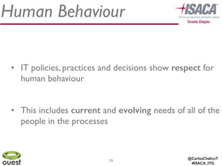 @CarlosChalicoT
#ISACA_ITG
Human Behaviour
79
• IT policies, practices and decisions show respect for
human behaviour 	

!
• This includes current and evolving needs of all of the
people in the processes
 