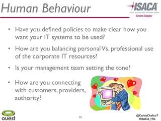 @CarlosChalicoT
#ISACA_ITG
Human Behaviour
80
• Have you deﬁned policies to make clear how you
want your IT systems to be used?	

• How are you balancing personalVs. professional use
of the corporate IT resources?	

• Is your management team setting the tone?
• How are you connecting
with customers, providers,
authority?	

 