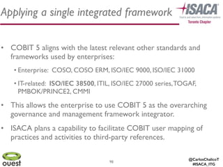 @CarlosChalicoT
#ISACA_ITG
98
Applying a single integrated framework
• COBIT 5 aligns with the latest relevant other standards and
frameworks used by enterprises: 	

• Enterprise: COSO, COSO ERM, ISO/IEC 9000, ISO/IEC 31000	

• IT-related: ISO/IEC 38500, ITIL, ISO/IEC 27000 series,TOGAF,
PMBOK/PRINCE2, CMMI	

• This allows the enterprise to use COBIT 5 as the overarching
governance and management framework integrator.	

• ISACA plans a capability to facilitate COBIT user mapping of
practices and activities to third-party references.
 