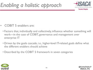 @CarlosChalicoT
#ISACA_ITG
99
Enabling a holistic approach
• COBIT 5 enablers are:	

• Factors that, individually and collectively, inﬂuence whether something will
work—in the case of COBIT, governance and management over
enterprise IT 	

• Driven by the goals cascade, i.e., higher-level IT-related goals deﬁne what
the different enablers should achieve	

• Described by the COBIT 5 framework in seven categories
 