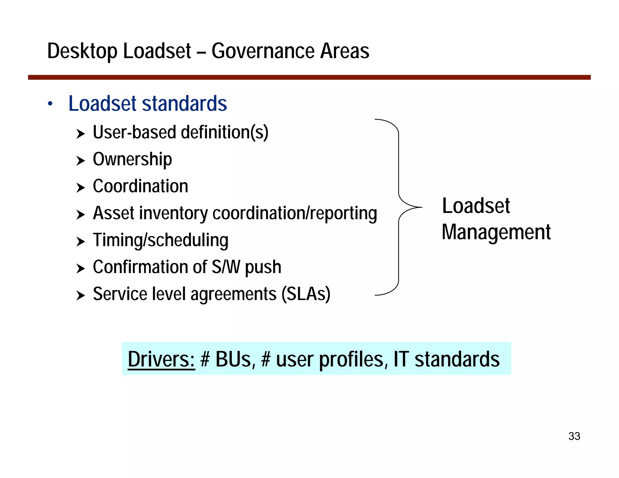 Desktop Loadset – Governance Areas

• Loadset standards
  !   User-based definition(s)
  !   Ownership
  !   Coordination
  !   Asset inventory coordination/reporting   Loadset
  !   Timing/scheduling                        Management
  !   Confirmation of S/W push
  !   Service level agreements (SLAs)


          Drivers: # BUs, # user profiles, IT standards


                                                            33
 