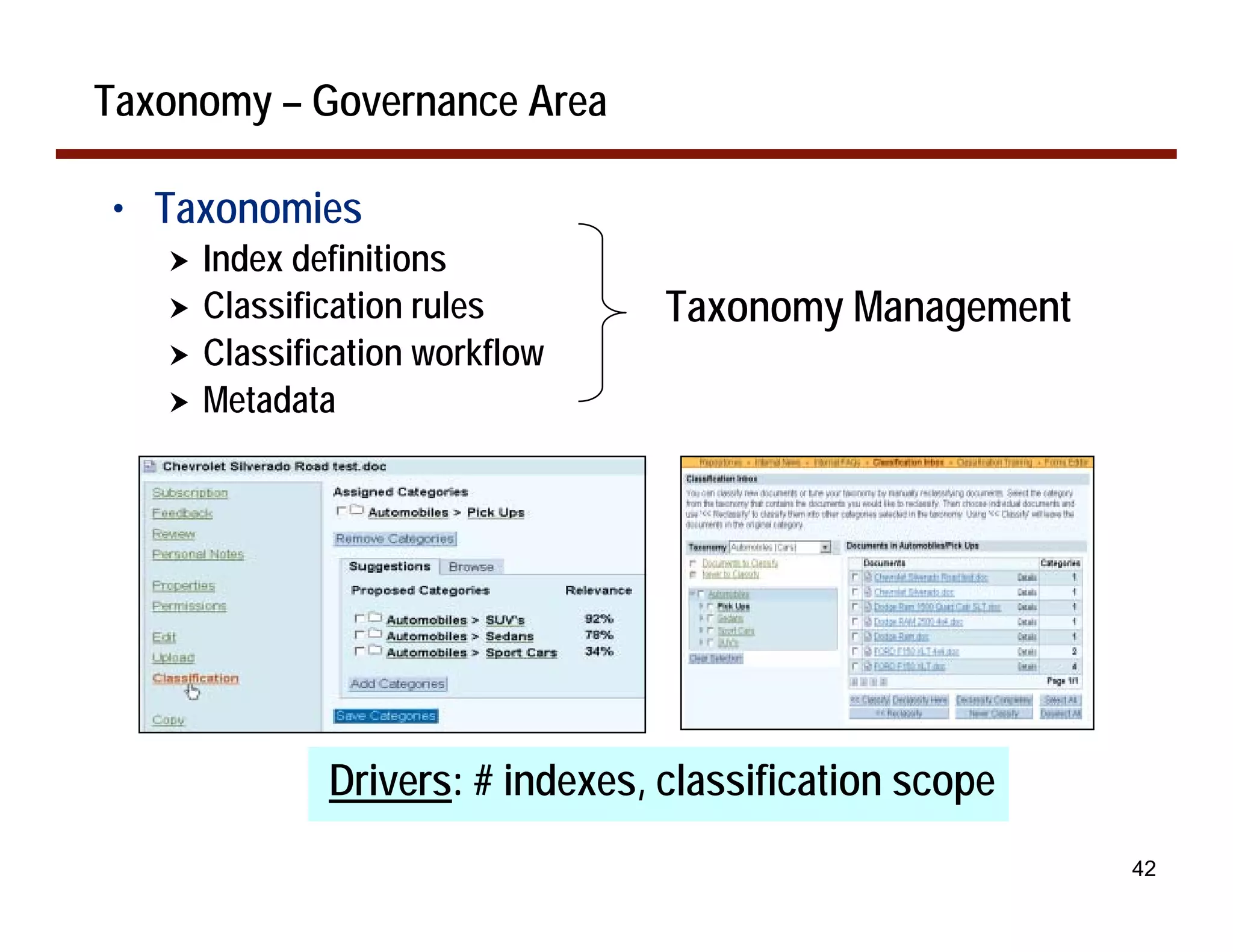 Taxonomy – Governance Area

• Taxonomies
   !   Index definitions
   !   Classification rules        Taxonomy Management
   !   Classification workflow
   !   Metadata




               Drivers: # indexes, classification scope
                                                          42
 