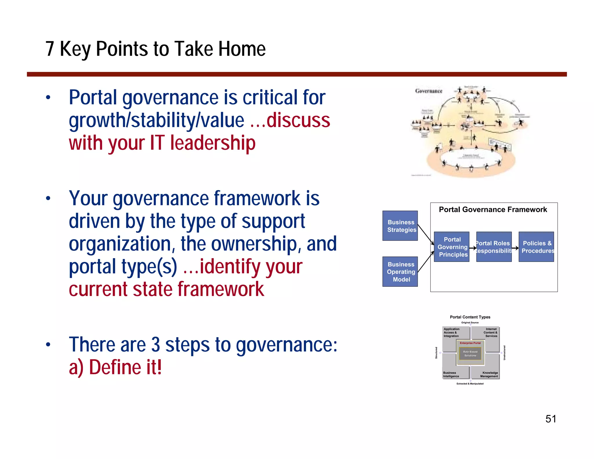 7 Key Points to Take Home

• Portal governance is critical for
  growth/stability/value …discuss
  with your IT leadership

• Your governance framework is                                  Portal Governance Framework

  driven by the type of support       Business
                                      Strategies


  organization, the ownership, and                               Portal
                                                                Governing
                                                                Principles
                                                                           Portal Roles & Policies &
                                                                           Responsibilities Procedures


  portal type(s) …identify your       Business
                                      Operating


  current state framework
                                       Model




                                                                     Portal Content Types
                                                                              Original Source

                                                                 Transactional
                                                                 Transactional
                                                                 Application                          Internet
                                                                                                      Internet
                                                                                                     Internet
                                                                 Systems&
                                                                 Systems &
                                                                 Access                             Content &




• There are 3 steps to governance:
                                                                 Legacy DB
                                                                 Legacy DB
                                                                 Integration                         Services


                                                                           User Portal
                                                                            Enterprise Portal
                                                                           User
                                                                            Enterprise




                                                                                                                 Unstructured
                                                   Structured
                                                                                 Role-Based
                                                                                 Role-
                                                                                 Unification




  a) Define it!
                                                                                  Solutions




                                                                 Data Warehouse
                                                                  Data
                                                                 & DSS
                                                                  & DSS
                                                                 Business                        Knowledge
                                                                                                  Content &
                                                                                                  Content &
                                                                 Intelligence                   Management
                                                                                                 Documents
                                                                                                 Documents

                                                                          Extracted & Manipulated




                                                                                                                                51
 