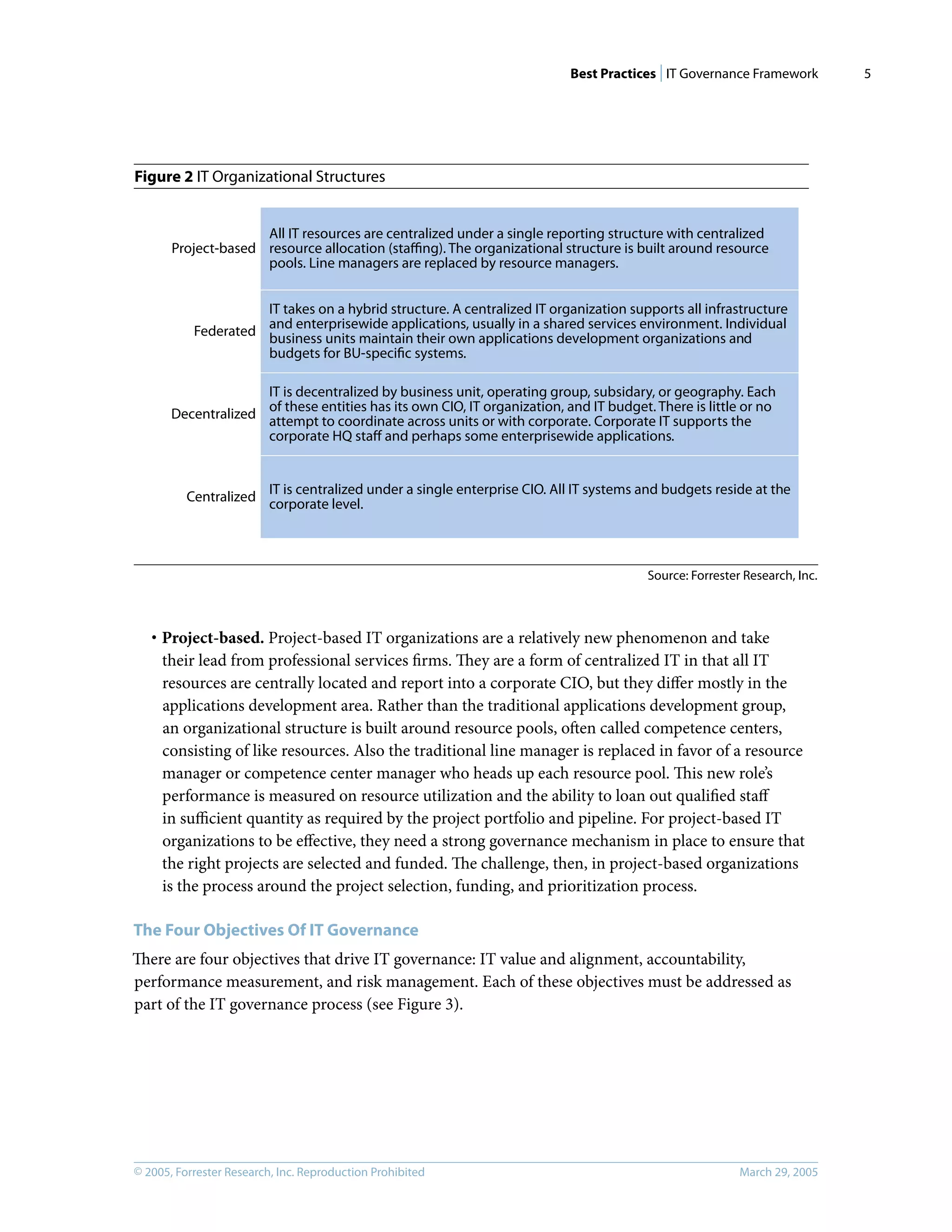 Best Practices | IT Governance Framework
© 2005, Forrester Research, Inc. Reproduction Prohibited March 29, 2005
5
Figure 2 IT Organizational Structures
· Project-based. Project-based IT organizations are a relatively new phenomenon and take
their lead from professional services ﬁrms. They are a form of centralized IT in that all IT
resources are centrally located and report into a corporate CIO, but they diﬀer mostly in the
applications development area. Rather than the traditional applications development group,
an organizational structure is built around resource pools, often called competence centers,
consisting of like resources. Also the traditional line manager is replaced in favor of a resource
manager or competence center manager who heads up each resource pool. This new role’s
performance is measured on resource utilization and the ability to loan out qualiﬁed staﬀ
in suﬃcient quantity as required by the project portfolio and pipeline. For project-based IT
organizations to be eﬀective, they need a strong governance mechanism in place to ensure that
the right projects are selected and funded. The challenge, then, in project-based organizations
is the process around the project selection, funding, and prioritization process.
The Four Objectives Of IT Governance
There are four objectives that drive IT governance: IT value and alignment, accountability,
performance measurement, and risk management. Each of these objectives must be addressed as
part of the IT governance process (see Figure 3).
Source: Forrester Research, Inc.
Project-based
Federated
Decentralized
Centralized
All IT resources are centralized under a single reporting structure with centralized
resource allocation (staﬃng). The organizational structure is built around resource
pools. Line managers are replaced by resource managers.
IT takes on a hybrid structure. A centralized IT organization supports all infrastructure
and enterprisewide applications, usually in a shared services environment. Individual
business units maintain their own applications development organizations and
budgets for BU-speciﬁc systems.
IT is decentralized by business unit, operating group, subsidary, or geography. Each
of these entities has its own CIO, IT organization, and IT budget. There is little or no
attempt to coordinate across units or with corporate. Corporate IT supports the
corporate HQ staﬀ and perhaps some enterprisewide applications.
IT is centralized under a single enterprise CIO. All IT systems and budgets reside at the
corporate level.
 