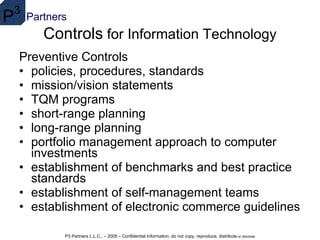 Controls  for Information Technology Preventive Controls policies, procedures, standards  mission/vision statements  TQM programs  short-range planning  long-range planning   portfolio management approach to computer investments  establishment of benchmarks and best practice standards  establishment of self-management teams  establishment of electronic commerce guidelines   