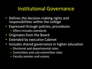 Institutional GovernanceDefines the decision making rights and responsibilities within the collegeExpressed through policies, proceduresOften includes standardsOriginates from the BoardExtended by executive CabinetIncludes shared governance in higher educationDivisional and departmental rolesCommittee and sub-committee rolesFaculty senates and unions