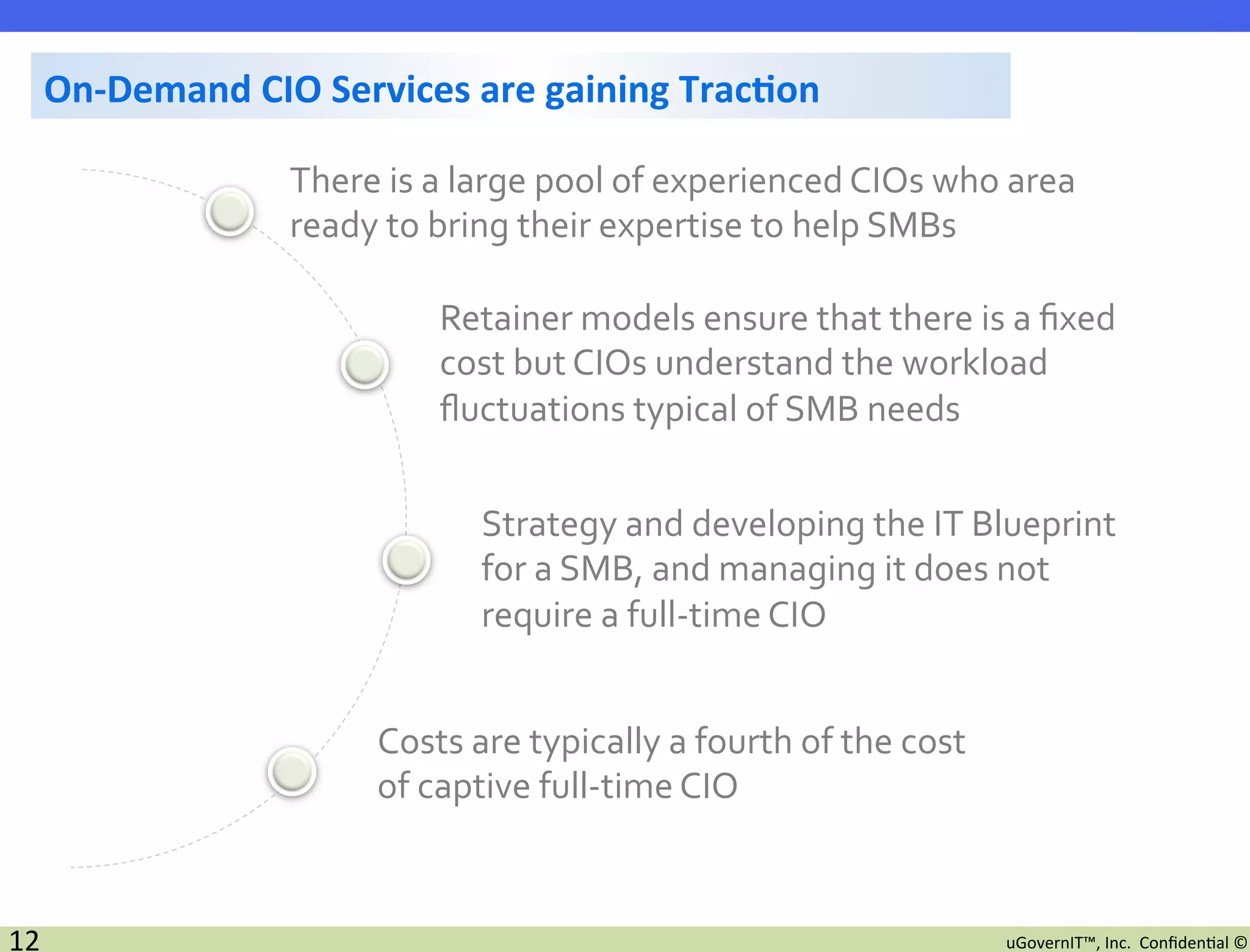 On-­‐Demand	
  CIO	
  Services	
  are	
  gaining	
  Trac7on	
  

                        There	
  is	
  a	
  large	
  pool	
  of	
  experienced	
  CIOs	
  who	
  area	
  
                        ready	
  to	
  bring	
  their	
  expertise	
  to	
  help	
  SMBs	
  

                                       Retainer	
  models	
  ensure	
  that	
  there	
  is	
  a	
  ﬁxed	
  
                                       cost	
  but	
  CIOs	
  understand	
  the	
  workload	
  
                                       ﬂuctuations	
  typical	
  of	
  SMB	
  needs	
  


                                           Strategy	
  and	
  developing	
  the	
  IT	
  Blueprint	
  
                                           for	
  a	
  SMB,	
  and	
  managing	
  it	
  does	
  not	
  
                                           require	
  a	
  full-­‐time	
  CIO	
  


                                Costs	
  are	
  typically	
  a	
  fourth	
  of	
  the	
  cost	
  
                                of	
  captive	
  full-­‐time	
  CIO	
  



12	
                                                                                                uGovernIT™,	
  Inc.	
  	
  Conﬁden2al	
  ©	
  
 