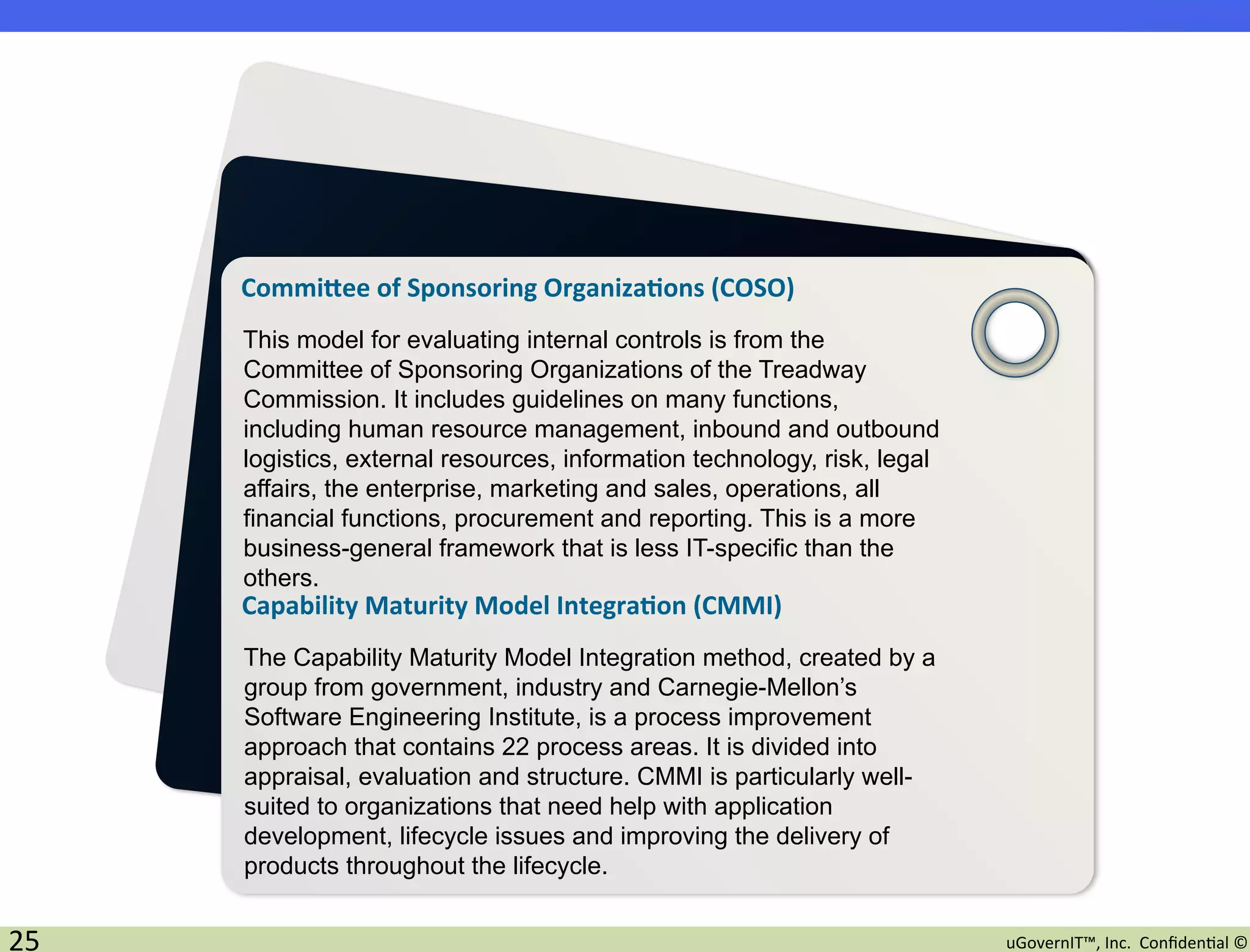 Commihee	
  of	
  Sponsoring	
  Organiza7ons	
  (COSO)	
  
         This model for evaluating internal controls is from the
         Committee of Sponsoring Organizations of the Treadway
         Commission. It includes guidelines on many functions,
         including human resource management, inbound and outbound
         logistics, external resources, information technology, risk, legal
         affairs, the enterprise, marketing and sales, operations, all
         financial functions, procurement and reporting. This is a more
         business-general framework that is less IT-specific than the
         others.
         Capability	
  Maturity	
  Model	
  Integra7on	
  (CMMI)	
  	
  
         The Capability Maturity Model Integration method, created by a
         group from government, industry and Carnegie-Mellon’s
         Software Engineering Institute, is a process improvement
         approach that contains 22 process areas. It is divided into
         appraisal, evaluation and structure. CMMI is particularly well-
         suited to organizations that need help with application
         development, lifecycle issues and improving the delivery of
         products throughout the lifecycle.


25	
                                                                          uGovernIT™,	
  Inc.	
  	
  Conﬁden2al	
  ©	
  
 