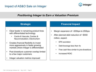 Impact of AS&O Sale on Integer
• Clear leader in remaining product lines
with differentiated technology
• Cardio & Vascular, Cardiac &
Neuromodulation, Electrochem
• Creates financial flexibility to invest
more aggressively in faster growing
markets where Integer is differentiated
• Post divestiture customer overlap limited
to a few major customers
• Integer valuation metrics improved
• Margin expansion of ~200bps to 250bps
• After planned debt reduction of ~$550
million, expect:
• EPS accretion
• Debt leverage less than 4x
• Free cash flow similar to pre-divestiture
• Increased ROIC
Strategic Financial Impact
Positioning Integer to Earn a Valuation Premium
ITGR: 1Q18 Earnings Conference Call / May 3, 2018 / Page 20
 