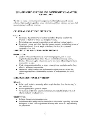 RELATIONSHIP, CULTURE AND COMMUNITY CHARACTER
GUIDELINES
We strive to create a community in which people of differing backgrounds (racial,
cultural, religious, ethnic), genders, sexual orientations, abilities, incomes, and ages, feel
respected, empowered, and welcome.
CULTURAL AND ETHNIC DIVERSITY
GOALS:
• To increase the current level of cultural and ethnic diversity to reflect the
diversity of the City of Ithaca and Tompkins County.
• To include groups seeking to maintain or create a distinct cultural identity.
• To promote cultural and ethnic diversity in our community by including groups of
ethnically/culturally diverse people, who do not live here, in events and
enjoyment of our land.
*SOME FELT THE ABOVE NEEDS MORE THOUGHT
OBJECTIVES:
• Conduct outreach and community involvement programs, such as sister
neighborhood/partnership in Ithaca (GIAC, South Side community center,
Tibetan - Monastery), plan educational and/or fun events at Ecovillage for these
communities to enjoy.
• Work with a consultant to help us attract a more diverse population and to form
alliances with other communities.
• Explore the connection between environmental degradation and racism and
connecting our vision of sustainability to issues of environmental and social
justice.
INTERGENERATIONAL DIVERSITY
GOALS:
• To be a birth to death community, where people live here from the time they’re
born until they die.
• To treat people of all ages with respect.
• For members of different generations to interact more richly/deeply with each
other in mutually beneficial ways.
OBJECTIVES:
• To bring the generations together more.
• Implement a skills/hobby/interest database with information regarding: a person's
willingness to share knowledge/mentor/do hobby with others as a way of mixing
the generations.
17
 
