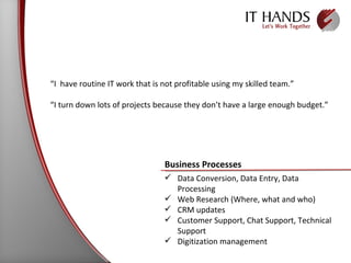 “ I  have routine IT work that is not profitable using my skilled team.” “ I turn down lots of projects because they don’t have a large enough budget.” Business Processes Data Conversion, Data Entry, Data Processing Web Research (Where, what and who) CRM updates Customer Support, Chat Support, Technical Support Digitization management 