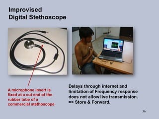 36
Improvised
Digital Stethoscope
A microphone insert is
fixed at a cut end of the
rubber tube of a
commercial stethoscope...