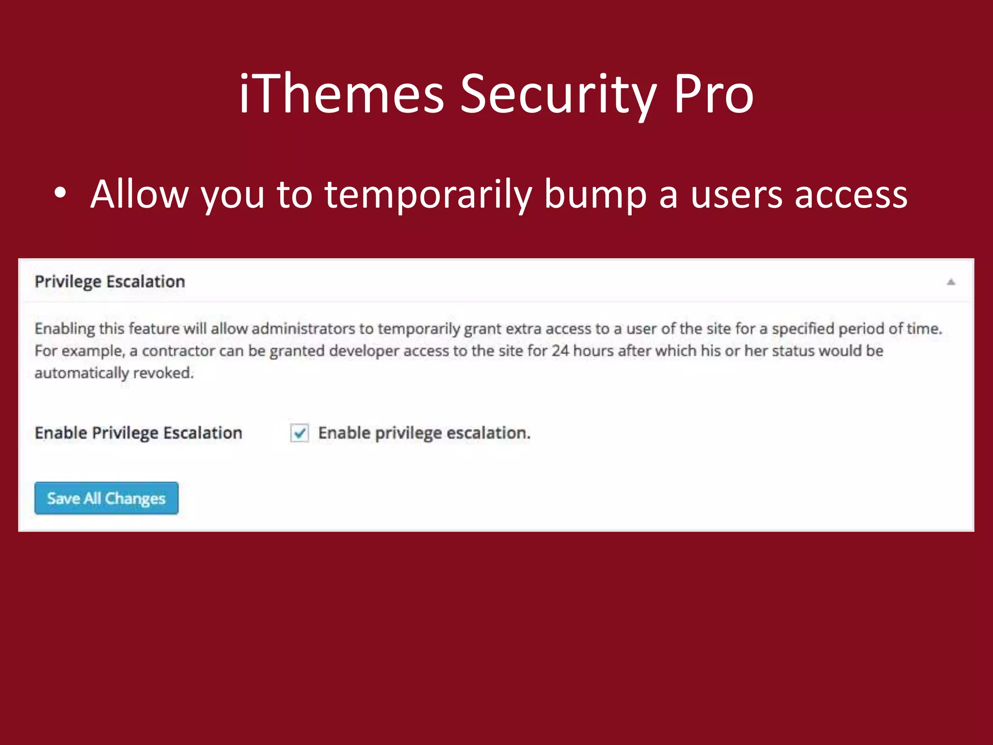 iThemes Security Pro
• Allow you to temporarily bump a users access
 