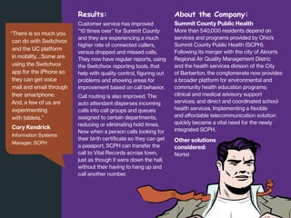 Results:
“There is so much you
can do with Switchvox
and the UC platform
in mobility… Some are
using the Switchvox
app for the iPhone so
they can get voice
mail and email through
their smartphone.
And, a few of us are
experimenting
with tablets.”

Cory Kendrick
Information Systems
Manager, SCPH

About the Company:

Customer service has improved
“10 times over” for Summit County
and they are experiencing a much
higher rate of connected callers,
versus dropped and missed calls.
They now have regular reports, using
the Switchvox reporting tools, that
help with quality control, figuring out
problems and showing areas for
improvement based on call behavior.

Summit County Public Health

Call routing is also improved. The
auto attendant disperses incoming
calls into call groups and queues
assigned to certain departments,
reducing or eliminating hold times.
Now when a person calls looking for
their birth certificate so they can get
a passport, SCPH can transfer the
call to Vital Records across town,
just as though it were down the hall,
without their having to hang up and
call another number.

More than 540,000 residents depend on
services and programs provided by Ohio’s
Summit County Public Health (SCPH).
Following its merger with the city of Akron’s
Regional Air Quality Management Distric
and the health services division of the City
of Barberton, the conglomerate now provides
a broader platform for environmental and
community health education programs;
clinical and medical advisory support
services; and direct and coordinated school
health services. Implementing a flexible
and affordable telecommunication solution
quickly became a vital need for the newly
integrated SCPH.

Other solutions
considered: 	
Nortel

 