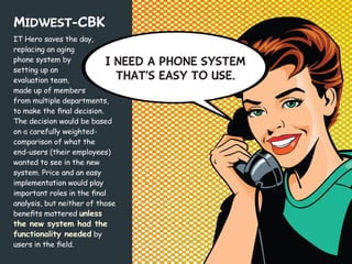 Midwest-CBK
IT Hero saves the day,
replacing an aging
phone system by
setting up an
evaluation team,
made up of members
from multiple departments,
to make the final decision.
The decision would be based
on a carefully weightedcomparison of what the
end-users (their employees)
wanted to see in the new
system. Price and an easy
implementation would play
important roles in the final
analysis, but neither of those
benefits mattered unless

I need a phone system
that’s easy to use.

the new system had the
functionality needed by
users in the field.

 