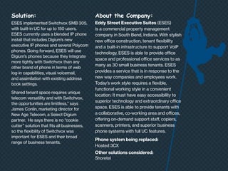 Solution:

About the Company:

ESES implemented Switchvox SMB 305,
with built-in UC for up to 150 users.
ESES currently uses a blended IP phone
install that includes Digium’s new
executive IP phones and several Polycom
phones. Going forward, ESES will use
Digium’s phones because they integrate
more tightly with Switchvox than any
other brand of phone in terms of web
log-in capabilities, visual voicemail,
and assimilation with existing address
book settings.

Eddy Street Executive Suites (ESES)
is a commercial property management
company in South Bend, Indiana. With stylish
new office construction, tenant flexibility
and a built-in infrastructure to support VoIP
technology, ESES is able to provide office
space and professional office services to as
many as 30 small business tenants. ESES
provides a service that is in response to the
new way companies and employees work.
Today’s work style requires a flexible,
functional working style in a convenient
location. It must have easy accessibility to
superior technology and extraordinary office
space. ESES is able to provide tenants with
a collaborative, co-working area and offices,
offering on-demand support staff, copiers,
scanners, printers, and superior business
phone systems with full UC features.

Shared tenant space requires unique
telecom versatility and with Switchvox,
the opportunities are limitless,” says
James Conlin, marketing director for
New Age Telecom, a Select Digium
partner. He says there is no “cookie
cutter” solution that fits all businesses,
so the flexibility of Switchvox was
important for ESES and their broad
range of business tenants.

Phone system being replaced: 	
Hosted 3CX
Other solutions considered:
Shoretel

 