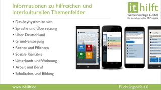 www.it-hilft.de
hilftit
Flüchtlingshilfe 4.0
Informationen zu hilfreichen und
interkulturellenThemenfelder
 Das Asylsystem an sich
 Sprache und Übersetzung
 Über Deutschland
 Grundversorgung
 Rechte und Pflichten
 Soziale Kontakte
 Unterkunft undWohnung
 Arbeit und Beruf
 Schulisches und Bildung
 