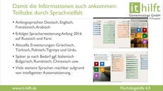 www.it-hilft.de
hilftit
Flüchtlingshilfe 4.0
Damit die Informationen auch ankommen:
Teilhabe durch Sprachvielfalt
 Anfangssprachen Deutsch, Englisch,
Französisch,Arabisch
 Erfolgte Spracherweiterung Anfang 2016
auf Russisch und Farsi
 Aktuelle Erweiterungen: Griechisch,
Türkisch, Polnisch,Tigrinya und Urdu.
 Später je nach Bedarf ggf. Italienisch
Bulgarisch, Rumänisch, Chinesisch usw.
 Viele weitere Sprachen machbar aufgrund
von intelligenter Automatisierung.
 
