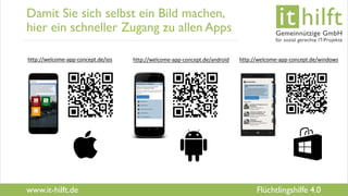 www.it-hilft.de
hilftit
Flüchtlingshilfe 4.0
Damit Sie sich selbst ein Bild machen,
hier ein schneller Zugang zu allen Apps
http://welcome-app-concept.de/ios http://welcome-app-concept.de/android http://welcome-app-concept.de/windows
 