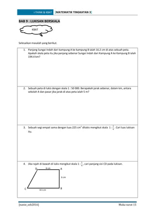 i-THINK & KBAT [MATEMATIK TINGKATAN 3]
[nanie_ssb2016] Muka surat 15
BAB 9 : LUKISAN BERSKALA
Selesaikan masalah yang berikut.
1. Panjang Sungai Indah dari kampung A ke kampung B ialah 16.2 cm di atas sebuah peta.
Apakah skala peta itu jika panjang sebenar Sungai Indah dari Kampung A ke Kampung B ialah
194.4 km?
2. Sebuah peta di lukis dengan skala 1 : 50 000. Berapakah jarak sebenar, dalam km, antara
sekolah A dan pasar jika jarak di atas peta ialah 5 m?
3. Sebuah segi empat sama dengan luas 225 cm2
dilukis mengikut skala 1 :
1
4
. Cari luas lukisan
itu.
4. Jika rajah di bawah di lukis mengikut skala 1 :
1
4
, cari panjang sisi CD pada lukisan.
KBAT
A
BC
D 6 cm
6 cm
8.5 cm
 