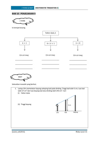i-THINK & KBAT [MATEMATIK TINGKATAN 3]
[nanie_ssb2016] Muka surat 16
BAB 10 : PENJELMAAN II
Isi tempat kosong.
Selesaikan masalah yang berikut.
1. Lampu lilin memetakan bayang sekeping kad pada dinding. Tinggi kad ialah 3 cm, luas kad
ialah 27 cm2
dan luas bayang kad atas dinding ialah 243 cm2
. Cari
(i) Faktor skala
(ii) Tinggi bayang
i-THINK
Faktor skala, k
𝑘 > 1 0 < 𝑘 < 1 𝑘 < 0
Ciri-ciri imej:
___________________
___________________
___________________
Ciri-ciri imej:
___________________
___________________
___________________
Ciri-ciri imej:
___________________
___________________
___________________
KBAT
Lilin Kad Bayang
3 cm
 