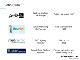 John Straw

               Web log analysis
                                    Sold to Microsoft 1997
                 VP Europe




               Email marketing       Sold to Doubleclick
                Co Founder                  1999




                 SEO Agency              Sold to Lbi
                  Founder                  2008


             Search Data Platform   Funded by London and
                   Founder            Silicon Valley VC’s

                                                       © John Straw, 2012
 