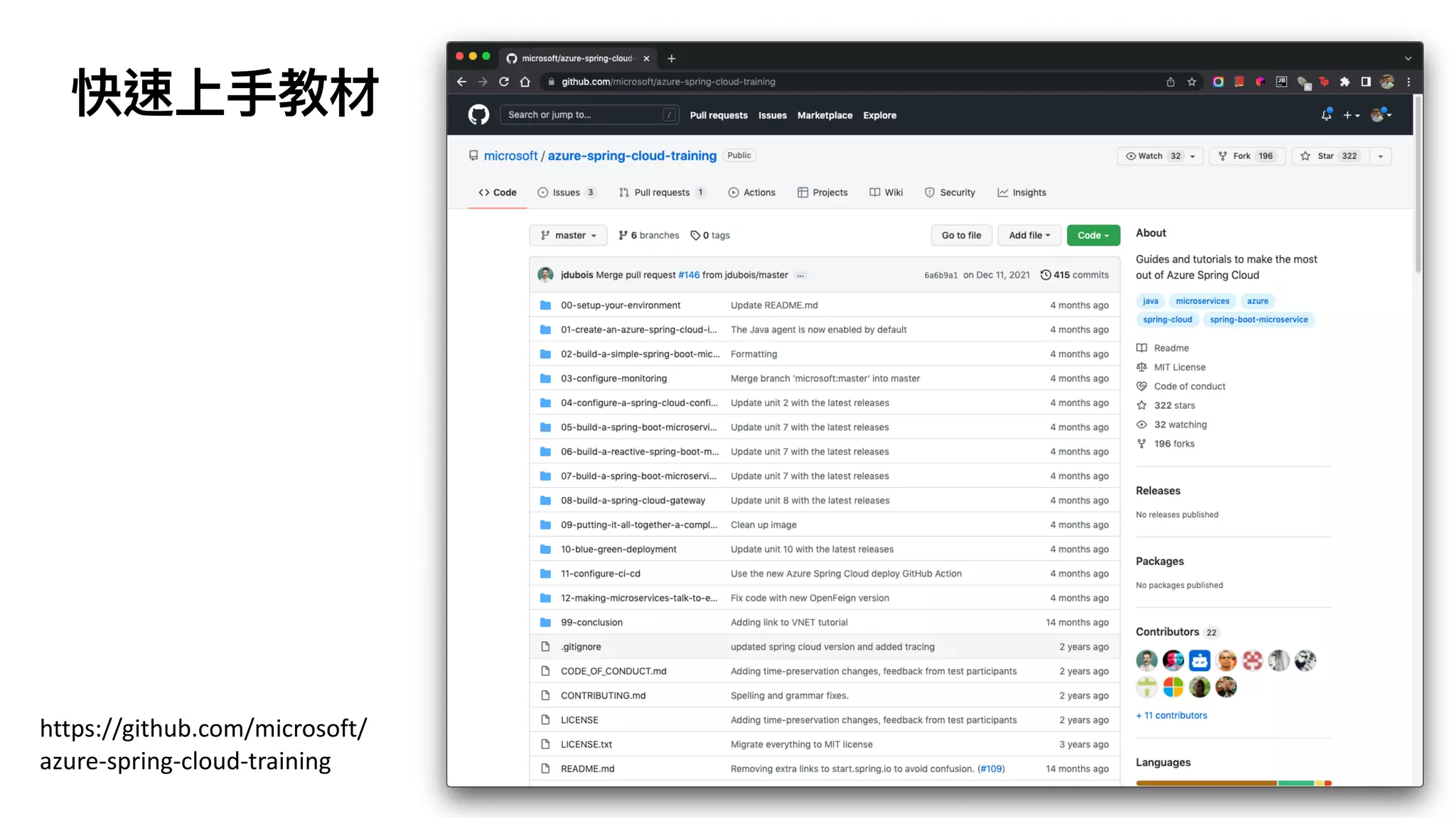 https://github.com/microsoft/
azure-spring-cloud-training
快速上⼿教材
 