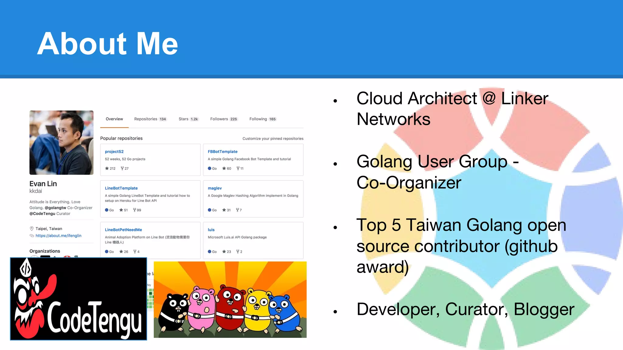 About Me
• Cloud Architect @ Linker
Networks
• Golang User Group -
Co-Organizer
• Top 5 Taiwan Golang open
source contributor (github
award)
• Developer, Curator, Blogger
 
