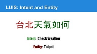 LUIS: Intent and Entity
台北天氣如何?
Intent: Check Weather
Entity: Taipei
 