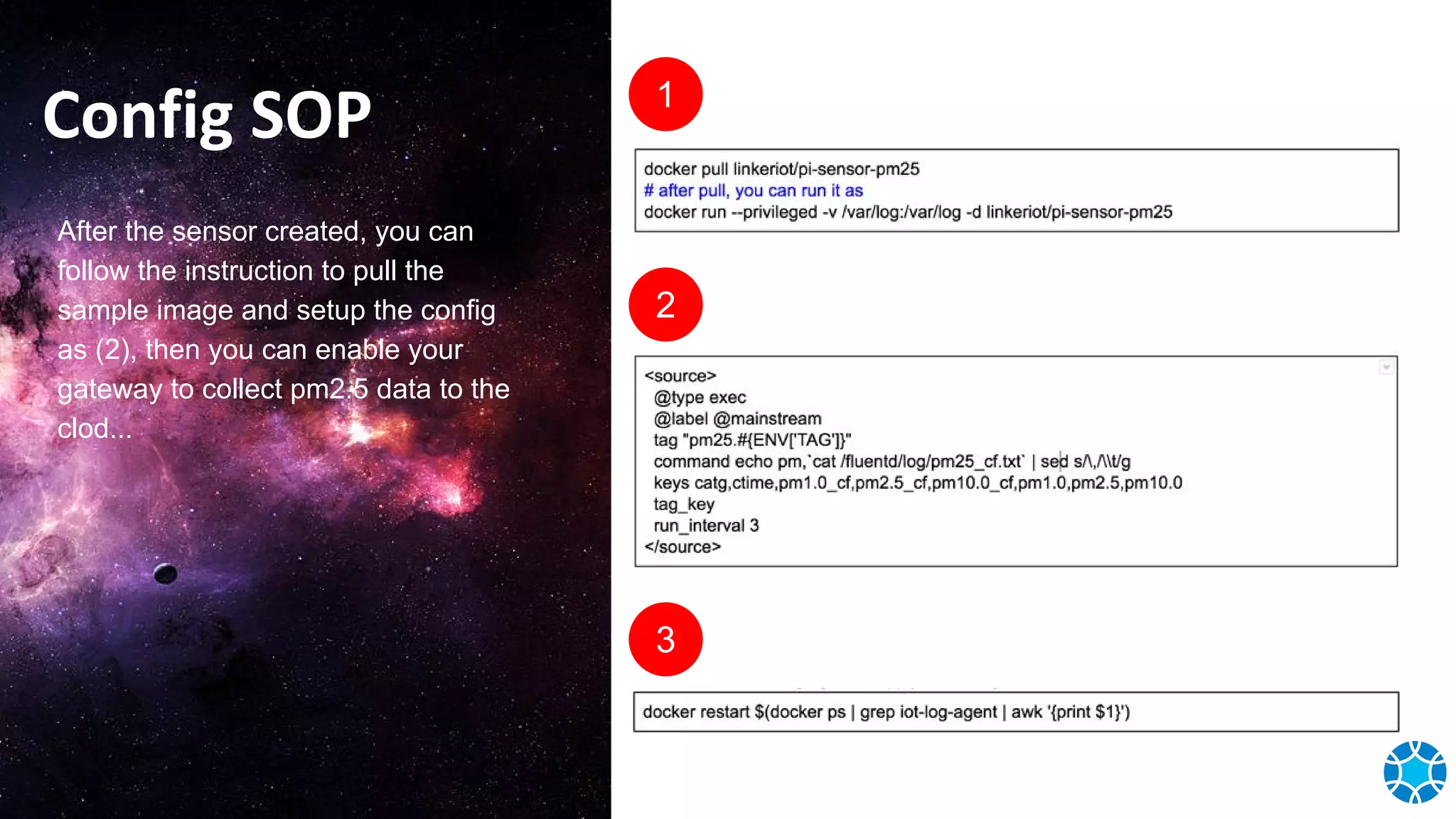 Config SOP
After the sensor created, you can
follow the instruction to pull the
sample image and setup the config
as (2), then you can enable your
gateway to collect pm2.5 data to the
clod...
1
2
3
 