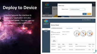 Deploy to Device
LinkerIoT provide the interface to
deploy your application and also
manage the delete. You can use our
user portal to monitor and control
your device.
 