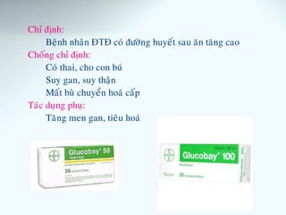Chæ ñònh:
Beänh nhaân ÑTÑ coù ñöôøng huyeát sau aên taêng cao
Choáng chæ ñònh:
Coù thai, cho con buù
Suy gan, suy thaän
Maát buø chuyeån hoaù caáp
Taùc duïng phuï:
Taêng men gan, tieâu hoaù
 