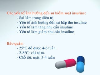 Caùc yeáu toá aûnh höôûng ñeán söï kieåm soaùt insuline:
- Sai laàm trong ñieàu trò
- Yeáu toá aûnh höôûng ñeán söï haáp thu insuline
- Yeáu toá laøm taêng nhu caàu insuline
- Yeáu toá laøm giaûm nhu caàu insuline
Baûo quaûn:
- 25C ñeå ñöôïc 4-6 tuaàn
- 2-8C: vaøi naêm.
- Choã toái, maùt: 3-4 tuaàn
 