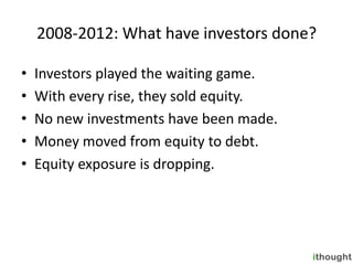 2008-2012: What have investors done?

•   Investors played the waiting game.
•   With every rise, they sold equity.
•   No new investments have been made.
•   Money moved from equity to debt.
•   Equity exposure is dropping.
 