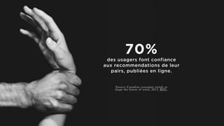 Source: Canadian consumer trends to
shape the future of retail, 2013, BDC.
70%
des usagers font confiance
aux recommendations de leur
pairs, publiées en ligne.
 
