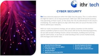 CYBER SECURITY
< PREVIOU
S
We have extensive exposure within the Cyber Security space, This is a niche where
the fight for talent is at its most prominent. With over 70% of the world's business
now operating, at least in part, on the cloud, the risk of a data breach in the cloud is
multiplying. You need an agency to align with those who can secure the best in the
field to defend your networks.
With our niche recruitment strategy, we can advise customers on the realistic
options available to them to source the correct skill set for the desired programme,
we are well versed in finding mission critical consultants, building and nurturing
specific talent pools, so we have an understanding of the current market trends,
skill shortages and market rates.
• Security Director/Manager
• Chief Information Security Officer
• IT Security Officer
• Security Analyst
• Application Security Specialist
• Security Engineer/Architect
• Network Security Manager
• Security Officer/Administrator
 
