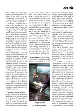 Société
13
sonne souffrant de toc peut imagi-
ner un “scénario catastrophe” si le
rituel n’est pas respecté. Les per-
sonnes atteintes (environ 2,5 à 3 %
de la population) ont généralement
conscience de leurs symptômes.
• Les phobies  : on entend par ce
terme la peur irrationnelle et dis-
proportionnée d’une situation ou
d’un objet. La phobie spécifique
– ou peur focalisée sur une cible
précise – provoque une forte anxié-
té et un comportement d’évitement
de la cause de la peur, réduisant la
capacité d’agir de la personne. Gé-
néralement, la personne souffrante
comprend que sa peur est infondée,
mais elle est incapable de la maîtri-
ser, elle a peur de l’objet de sa pho-
bie, mais également des symptômes
d’attaque de panique qu’elle peut
provoquer.
• Les schizophrénies  : l’un des
troubles mentaux les plus sévères et
le plus communément associé aux
symptômes psychotiques. La schi-
zophrénie a été décrite comme une
fragmentation de la pensée, elle a un
impact sur la pensée, les émotions,
le comportement, et la personne qui
en souffre est affectée dans plusieurs
fonctions fondamentales de base.
Ses symptômes peuvent inclure des
hallucinations et des délires, une
parole et un comportement désor-
ganisés, l’apathie et l’absence ou la
distorsion des expressions émotion-
nelles avec des épisodes psycho-
tiques à répétition. Avant d’établir
le diagnostic les symptômes doivent
être présents pendant au moins un
mois. Cette maladie affecte environ
1 % de la population.
Le cerveau et la santé mentale
Difficile encore de tout expliquer de
la dépression et de la psychose mais
on est à même de comprendre ce
qui dysfonctionne dans le cerveau
lorsqu’on souffre d’un trouble. Le
siège de la régulation des émotions
se trouve dans le cerveau. Elle y est
effectuée par le «  centre émotion-
nel  », c’est-à-dire le système lim-
bique, en relation avec le cortex, la
couche la plus externe du cerveau.
Lors d’une dépression, la régula-
tion émotionnelle ne fonctionne
pas correctement, ce qui peut en
partie expliquer les désordres. Le
système limbique est en surrégime
alors que le cortex, en comparai-
son, est trop lent et la suractivité du
système limbique conduit la per-
sonne dépressive à surréagir aux
évènements négatifs et menaçants
dès lors les sentiments de peur et
de détresse sont renforcés. Dans un
état dépressif, il est également diffi-
cile de s’apaiser de façon normale
car les circuits responsables de ce
processus ne fonctionnent pas cor-
rectement. Enfin, il est plus difficile
d’identifier les choses positives à
cause du cortex qui dysfonctionne.
L’expérience en état de souffrance
Les personnes éprouvant un trouble
mental ont une qualité de vie dé-
gradée et sont la cible de nombreux
préjugés, qui entraîne leur margina-
lisation. Comment vit-on lorsqu’on
souffre d’un trouble psychique  ?
Des simulations, des témoignages
rappellent que la santé mentale de
chacun peut fluctuer, et que certains
phénomènes normaux poussés à
l’extrême sont proches des troubles
mentaux.
• La réalité se déforme : des voix bi-
zarres parlent, le reflet se déforme,
les photos sur le mur se mettent à
bouger. Durant deux minutes, l’ex-
périence prouve que les personnes
atteintes de psychose, peuvent avoir
une vision déformée de la réalité et
que ceci peut considérablement leur
compliquer la vie.
• Vivre avec la dépression : la dé-
pression constitue une souffrance
pour la personne atteinte, mais aussi
pour ses proches. Ici, on constate
qu’un père atteint de dépression
sévère souffre et que cette détresse
est ressentie et vécue par toute sa
famille.
• La chambre des phobies  :
l’achluophobie ou peur du noir,
l’acrophobie ou peur du vide et la
claustrophobie ou peur des espaces
confinés sont représentées dans cet
espace. Une pièce fermée, la lu-
mière s’éteint et c’est le noir com-
plet. La lumière se rallume et le sol
semble se dérober, les murs de la
pièce se rapprochent et l’espace de-
vient de plus en plus étroit.
• Miroir de l’image de soi : dans une
cabine, un drôle de miroir, permet
au visiteur d’ajuster l’image qu’il
se fait de son corps puis il se rend
compte qu’il peut en avoir une vi-
sion déformée. Les personnes qui
souffrent de troubles alimentaires
ont une représentation singulière de
leur propre corps qui les conduit à se
sous-alimenter ou se suralimenter.
• Testez-vous  : des tests sont pro-
posés pour évaluer la mémoire de
travail, le raisonnement logique,
la reconnaissance des émotions,
Un retour très visuel
sur le traitement
des maladies psychiques.
1138-P10 a 14 mental OK.indd 131138-P10 a 14 mental OK.indd 13 09/09/16 15:4609/09/16 15:46
 