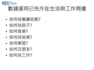 數據運用已充斥在生活與工作周遭
• 如何找餐廳吃飯?
• 如何找房子?
• 如何搭車?
• 如何找答案?
• 如何學習?
• 如何交朋友?
• 如何找工作?
61
 