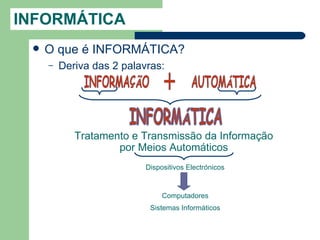 INFORMÁTICA
    O que é INFORMÁTICA?
     –   Deriva das 2 palavras:




            Tratamento e Transmissão da Informação
                    por Meios Automáticos
                           Dispositivos Electrónicos



                                Computadores
                            Sistemas Informáticos
 