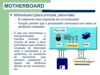 MOTHERBOARD
    Motherboard (placa principal, placa-mãe)
      –   É o elemento mais importante de um computador
      –   Função: permitir que o processador comunique com todos os
          periféricos instalados.

 –   É aqui que encontramos o
     microprocessador,             a
     memória       principal,     os
     circuitos de apoio, a placa
     controladora (que controla a
     circulação da informação
     entre o processador e os
     periféricos), os conectores
     do       barramento       (que
     permitem estabelecer a
     ligação     aos     periféricos
     através de fios condutores),
     etc.
 