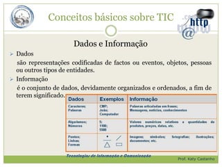 Conceitos básicos sobre TIC

                      Dados e Informação
 Dados
  são representações codificadas de factos ou eventos, objetos, pessoas
  ou outros tipos de entidades.
 Informação
  é o conjunto de dados, devidamente organizados e ordenados, a fim de
  terem significado.




                   Tecnologias de Informação e Comunicação
                                                             Prof. Katy Castanho
 