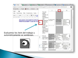 Evaluamos los ítem del trabajo y
automáticamente se sombrean.
 