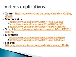  ZoomIt:https://www.youtube.com/watch?v=jQ5jPq_
A5w4
 Screencastify
◦ 1.https://www.youtube.com/watch?v=cMr_LOxIqVs
◦ 2.https://www.youtube.com/watch?v=QkU4SbNVP1I
◦ 3.https://www.youtube.com/watch?v=k8XD4JQ5EMw
 SnagIt:https://www.youtube.com/watch?v=BN5P18
wRkeo
 Movenote
◦ 1.https://www.youtube.com/watch?v=svpOuA6EpwU
◦ 2.https://www.youtube.com/watch?v=puR4LOu0U7c
 Ninbus:
https://www.youtube.com/watch?v=yuwz_tBR-IA
 