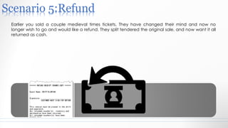 Scenario 5:Refund
Earlier you sold a couple medieval times tickets. They have changed their mind and now no
longer wish to go and would like a refund. They split tendered the original sale, and now want it all
returned as cash.
 
